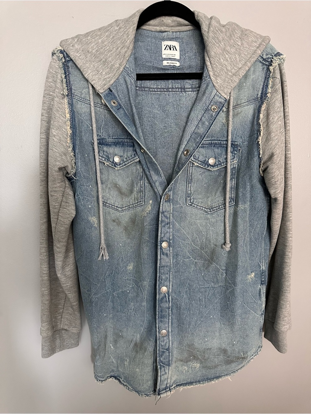 ZARA Light Blue Denim Shirt Jacket with Gray Hoodie Sleeves
